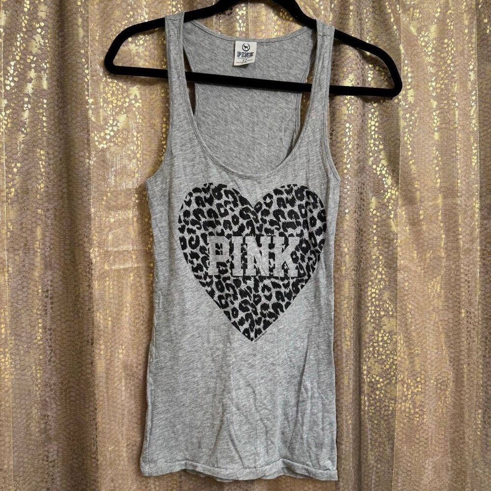 Vintage PINK Victorias Secret Gray Black Cheetah Heart Sparkly Logo Tank Top S
